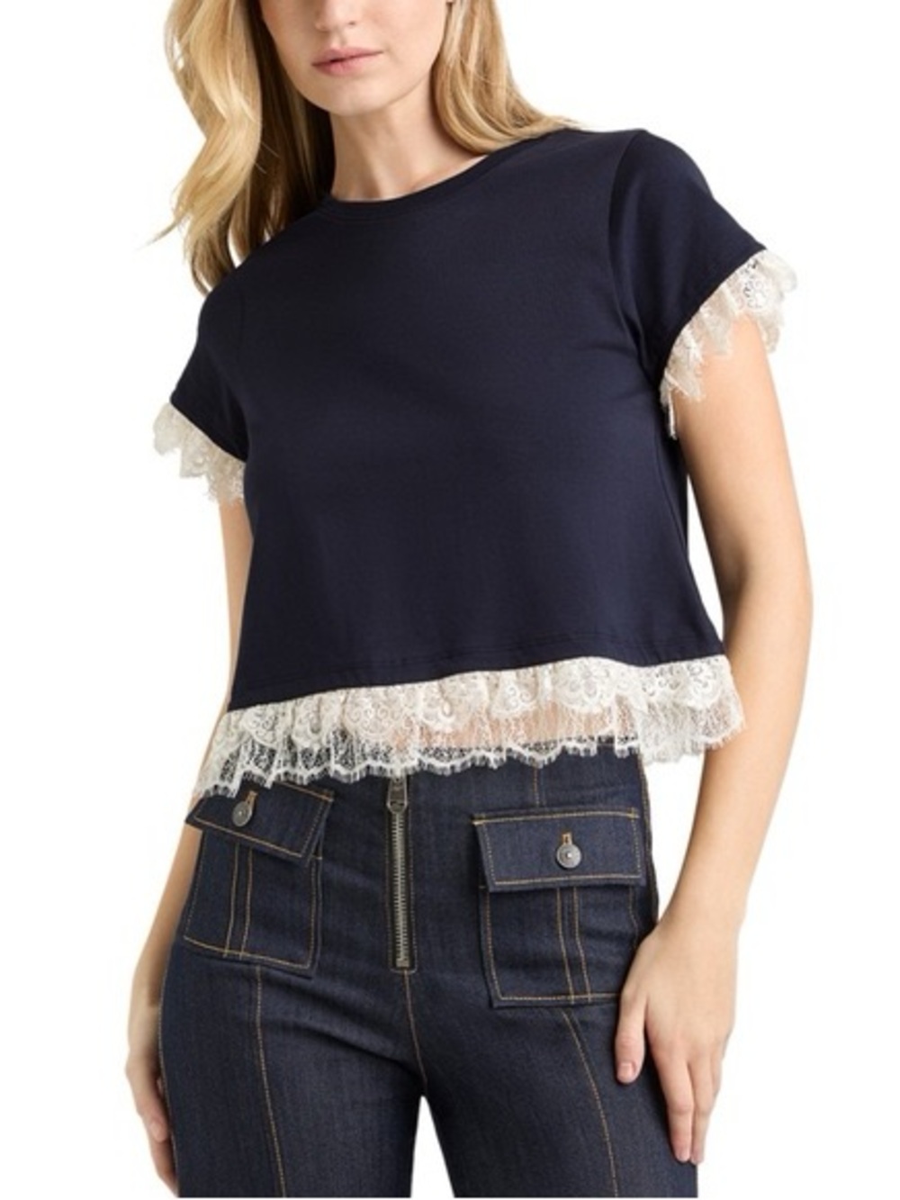 CINQ A SEPT Ami Lace Trim Tee Size XL